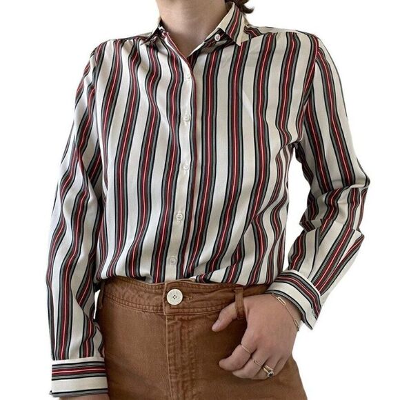 Vintage 1970s Womens Striped Collared Preppy Long Sleeve Retro Blouse Sz M - Picture 6 of 9